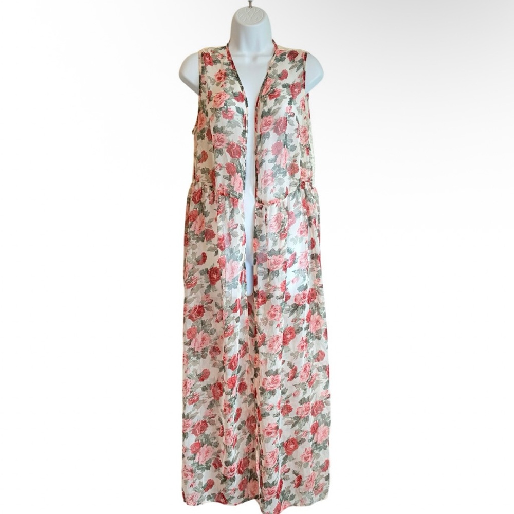Cecico Long Floral Cardigan Sheer Romantic Duster Lace Back Detail SzL Fairycore